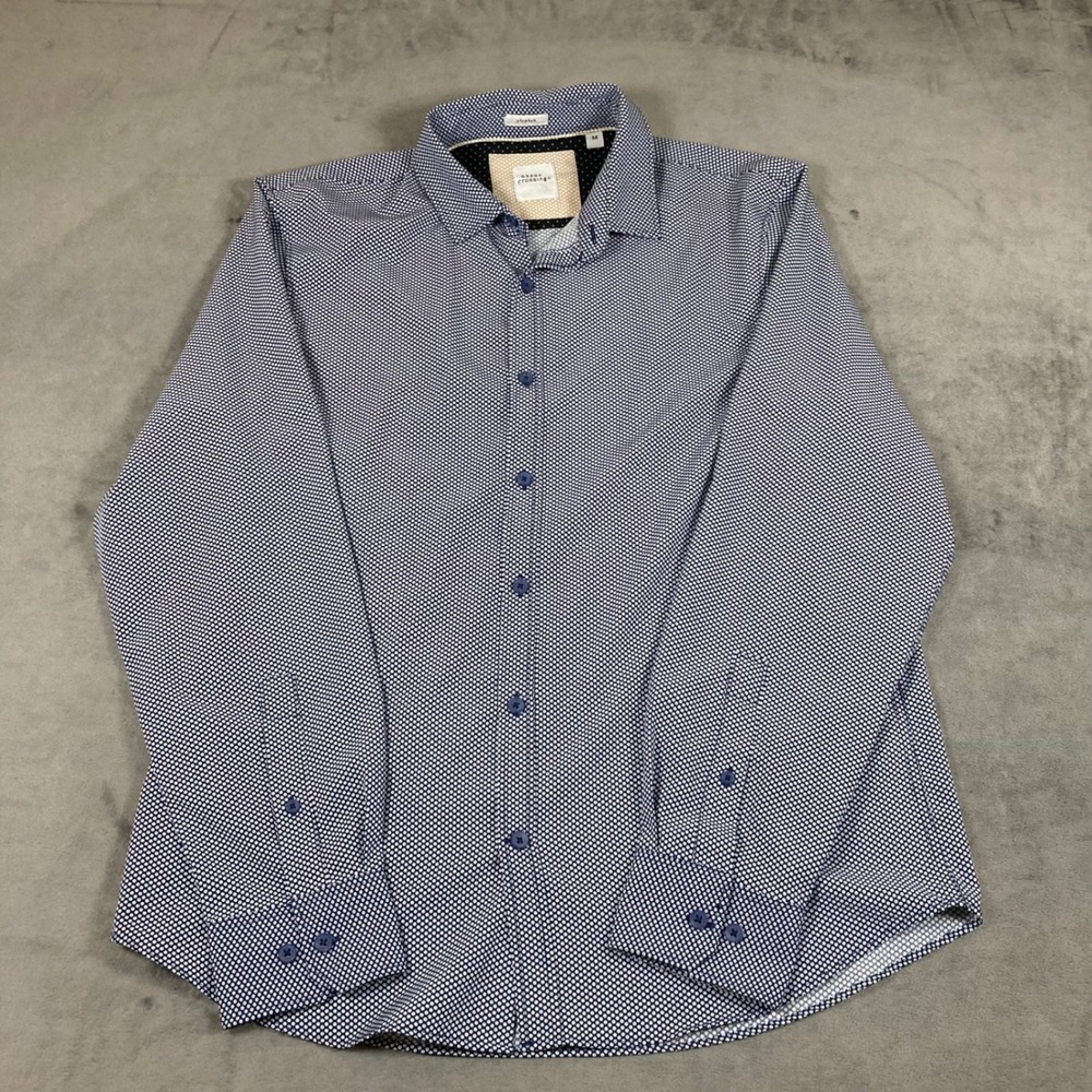 Essex Crossing Mens Navy Blue White Geometric Circle Print Stretch Shirt Size M